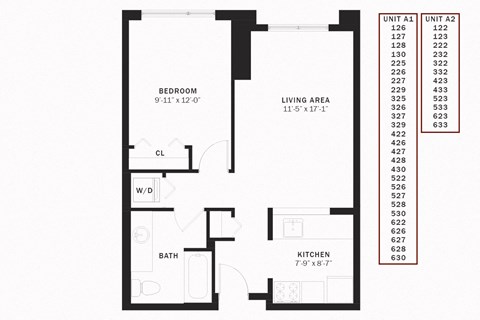Floor plan for 1 bed, 1 bath, 606 sqft